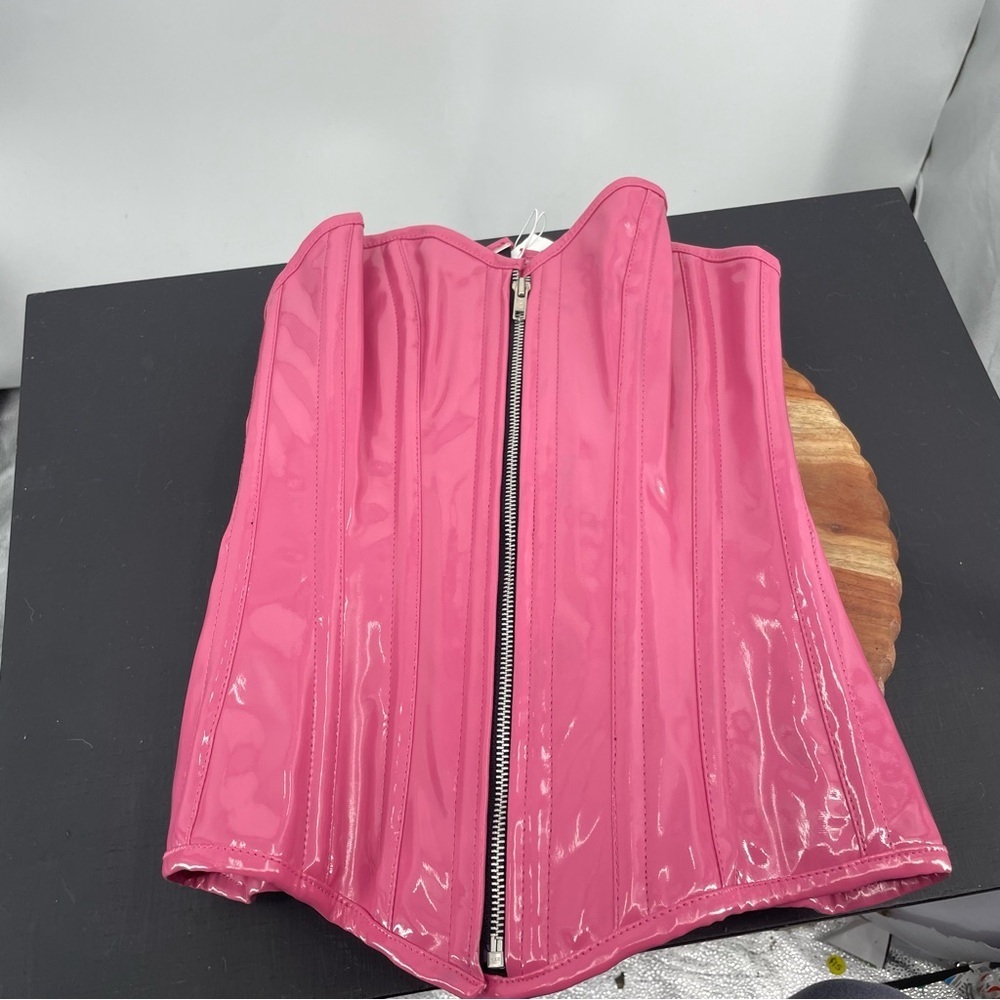 Top Drawer patent leather Pink Corset zip front lace up back Sz‎ S pvc overbust